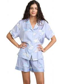 YiNi LuLu - Conjunto de pijama de satén de seda para mujer, 2 piezas, pijama de manga corta, de gran tamaño, con bolsillos - Conjunto corto de leopardo - Ver 23