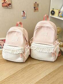 Gingham Spliced Mini Polka Dot Backpack With Lace Ruffle Trim And Side Bow, Lightweight College Student Backpack For Daily Commute & Back-To-School - Multicolor - View 6