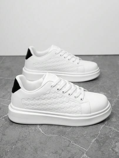 Men's Classic Black & White Colorblock Lace-Up Casual Sports Shoes, Niche Fashion Embossed Pattern Comfortable Outdoor Athletic Shoes, Couple Shoes