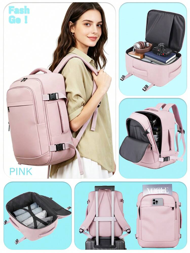 1pc Large Capacity Travel Backpack With Luggage Strap, Shoe Compartment, Suitable For School, Travel, Lightweight And Durable, Unisex - Pink - View 1