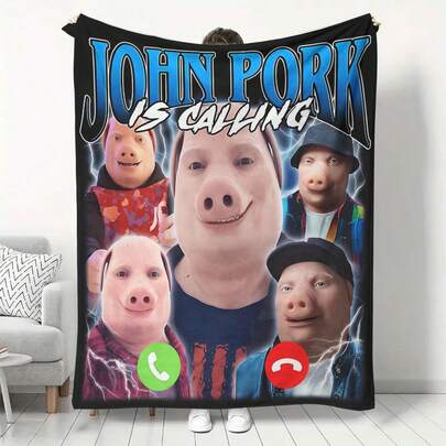 1PC 1pc John Pork Is Calling Funny Meme Theme Flannel Blanket, Printed With "John Pork Is Calling" Text, Suitable For Sofa, Bed, Living Room, Travel, Office, Shawl Blanket, Nap Blanket, Air Conditioning Blanket, Bed Sheet Blanket, Camping Blanket, Ideal Gift, Daily Gift, Halloween, Thanksgiving, Christmas Decoration, Perfect Gift For Friends And Family