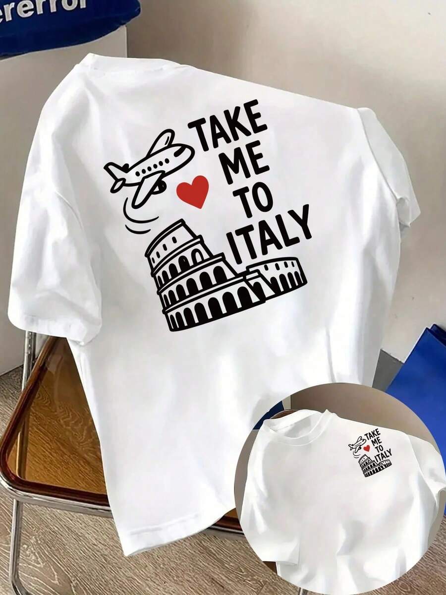 Camiseta de hombre, estampado del Coliseo Romano en la parte delantera y trasera, de manga corta, moderna y a, adecuada para uso diario casual y actividades de fitness al aire libre, - Blanco - Ver 1