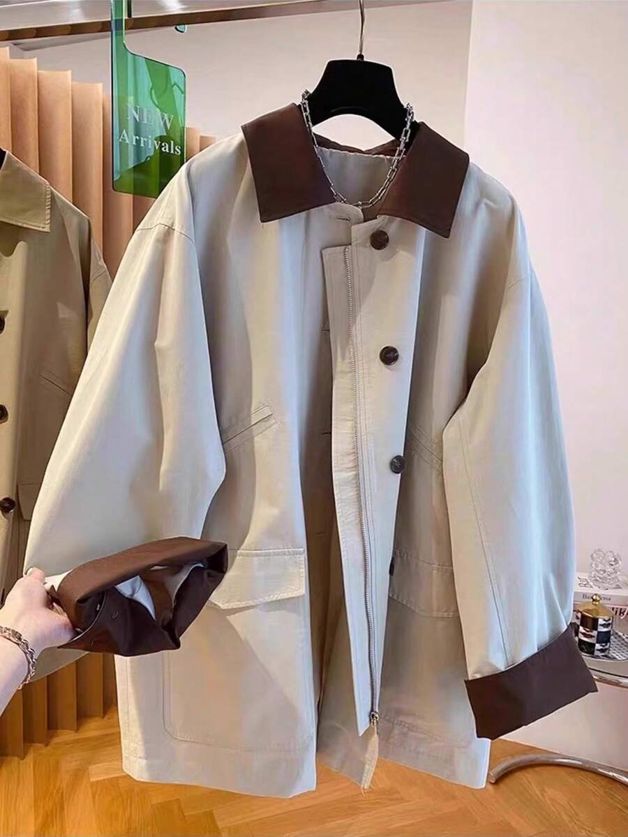 Mantel Trench Wanita Dua Warna dengan Kerah, Lengan Panjang Biasa, Desain Detail Resleting dan Kancing, Cocok untuk Pakaian Musim Gugur, Kain Tenun, Panjang Standar - Aprikot - View 1