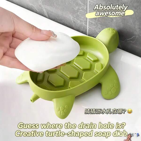 1 pieza Jabonera con forma de tortuga creativa, soporte antideslizante para jabón para el lavabo del baño, bandeja de jabón con diseño de dibujos animados lindo con drenaje, sin necesidad de perforar