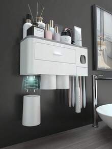 Bathroom Toothbrush Holder 2/3/4 Cup Wall-Mounted With Toothpaste Squeezer, Large Capacity Bathroom Storage Organizer, Easy Installation And Use, Fashionable Bathroom Accessory Set, Bathroom Decor - Grey - View 6
