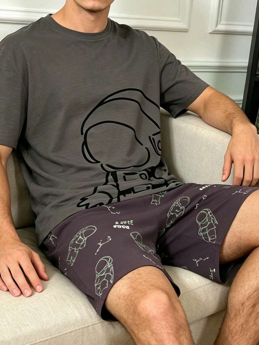 Men's Summer Pajama Set, Round Neck Solid Color Minimalist Astronaut Print Short Sleeve & Shorts, Casual Comfortable Lazy Homewear - Multicolor - View 1