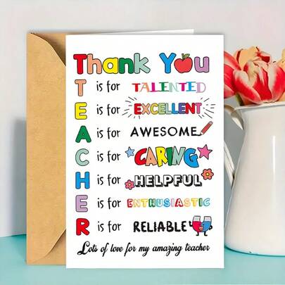 1 tấm thiệp cảm ơn giáo viên quay lại trường kèm phong bì, thiệp cảm ơn thơ acrostic dễ thương, quà tặng cuối năm cho giáo viên, thiệp cảm ơn của học sinh, quà cảm ơn lý tưởng cho giáo viên và học sinh