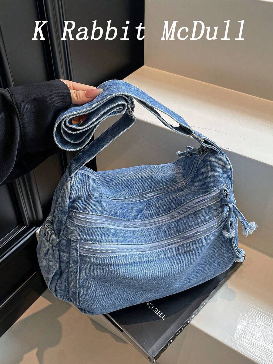 New Chic Casual Shoulder Bag Made Of Soft, Multi-Layered Denim With Multiple Pockets, Versatile, Suitable For Work, Shopping And Travel. - Blue - View 1