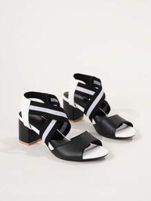 Ladies' Peep-Toe Cross Elastic Band Chunky Heeled Sandals, Casual Black & White Pu Upper Platform Heels,Spring Summer Outfits - Black and White - View 11