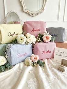 1pc Personalized Embroidered Travel Toiletry Bag/Bridesmaid Gift/Gift For Her/Gift For Mom/Striped Bubble Gauze Makeup Bag/Candy Color Storage Bag/Jewelry Storage Bag - Multicolor - View 7