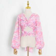 Blusa de Manga Larga con TeñIdo Anudado a la Moda para Mujer, Blusa Elegante con Lazo Sin Espalda y Nudo Torcido - Azul - Ver 3
