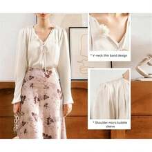 Tops de gasa con cuello en V y manga larga abombada para mujer, color liso, elegante, romántico, otoño, oficina, negocios - Blusa de albaricoque - Ver 5