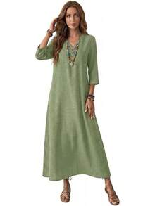 Genérico Vestido Largo de Lino de Algodón para Mujer,Manga 3/4,Vestido de Moda con Cremallera Trasera,Vestidos Largo Casual,para Playa,Invitado - Negro - Ver 8
