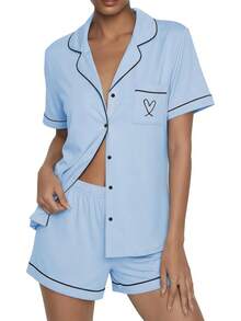 - Conjunto de pijama de verano con botones, 2 piezas, de manga corta, para dormir, S-XXL - verde claro - Ver 17