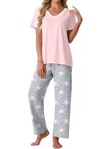 PrinStory - Conjunto de pijama suave de 2 piezas para mujer, conjunto de pijama casual de manga corta con bolsillos - Cuadros marrones y blancos - Ver 12