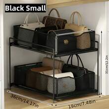 1pc Large Capacity Pull-Out Rust-Proof Coated Iron Storage Basket, Modern Pure Black Rectangular Mesh Wavy Handle 2-Tier Drawer Storage Rack, Suitable For Kitchen Cabinets, Storage Rooms, Bathroom Sink, All-Season Home Use - View 9