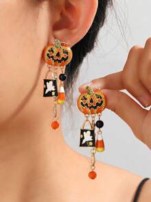 1 Pair New Halloween Earrings For Women, Creative Pumpkin Head & Ghost Pendant, Asymmetrical Design Stud Earrings - Multicolor - View 2