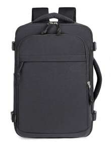 1pc Large Capacity Grey Travel Laptop Backpack. Durable Water-Resistant Nylon Commuter Backpack With Luggage Strap And Multi-Compartment Design. 180° Wide Opening Large Capacity Bag With Separate Laptop Compartment. - Black - View 10
