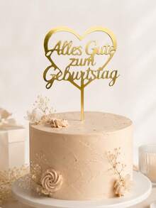 3件組 金色鏡面壓克力德文生日蛋糕插牌 Alles Gute Zum，附心形邊框、流暢手寫體字體與插棒，堅固鏡面 PMMA，適用德語區生日蛋糕裝飾 - A - 查看 2