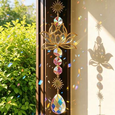 Gold Lotus Shaped Crystal Suncatcher Wind Chime Pendant, Multi-Scene Hanging Decoration For Window, Porch, Door, Car Interior, Indoor Outdoor Home Decor, Ideal Holiday & Daily Gift