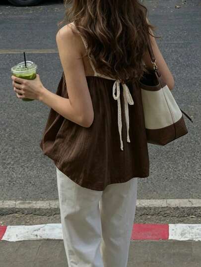 Women's Sleeveless Woven Fabric Lace Strap Top, Casual Loose Fit, Regular Length Shirt With Textured Fabric And Lace Patchwork Design Summer