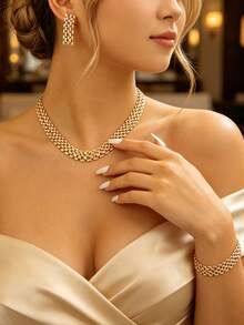 1 Set Elegant Minimalist Hollow Wide Necklace Bracelet Earrings Geometric Mesh Collarbone Chain High-End Versatile Women's Jewelry Set, Suitable For Daily Wear And Parties, Jewelry Accessories - D - View 3