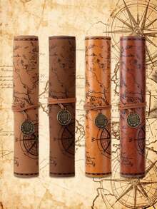 Vintage World Map Scroll Pencil Case, Vintage Compass Print PU Leather Pencil Pouch, Large Capacity Portable Stationery Storage Bag, Suitable For Students, School, Back To School, Office Desk Decor, Travel Gift - W - View 3