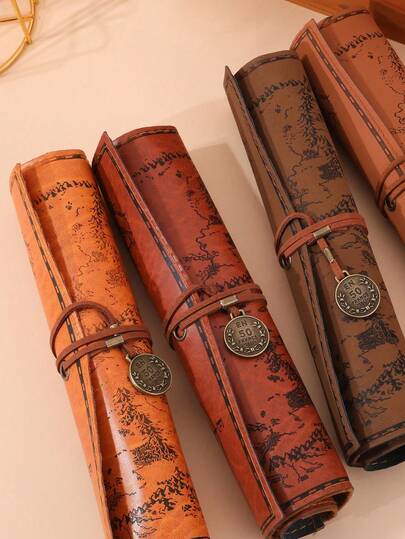 Vintage World Map Scroll Pencil Case, Vintage Compass Print PU Leather Pencil Pouch, Large Capacity Portable Stationery Storage Bag, Suitable For Students, School, Back To School, Office Desk Decor, Travel Gift