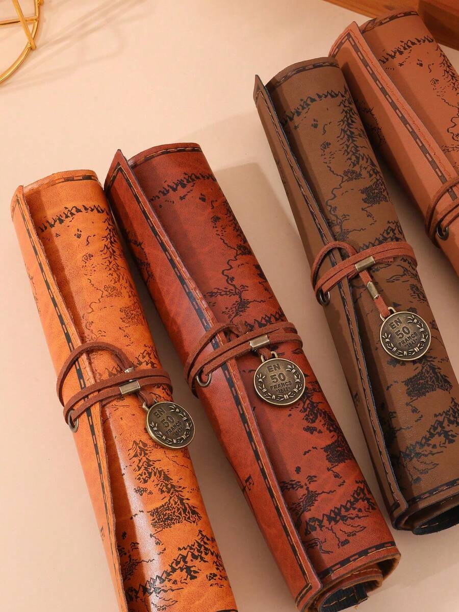 Vintage World Map Scroll Pencil Case, Vintage Compass Print PU Leather Pencil Pouch, Large Capacity Portable Stationery Storage Bag, Suitable For Students, School, Back To School, Office Desk Decor, Travel Gift - W - View 1