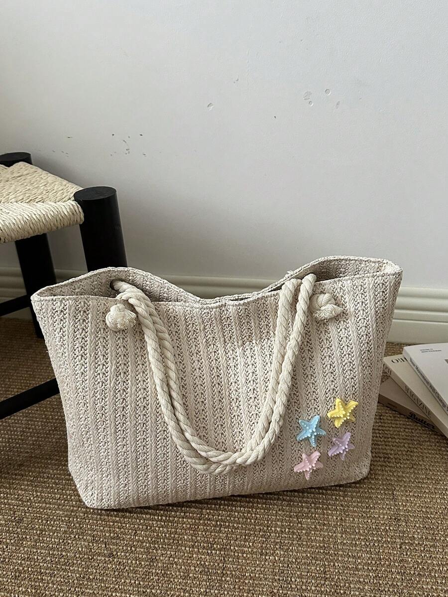 2026 Summer Lazy Straw Woven Knot Design Beach Tote Handbag, Single Piece, Large Capacity Storage, Versatile For Summer Travel - Beige - View 1