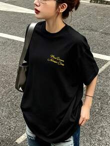 新款夏季 Gen Z Y2K 風格女款英文印花圓領短袖 T 恤 黑色休閒 - 黑色 - 查看 2