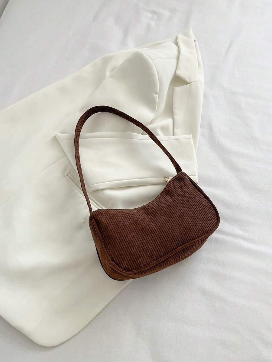 Minimalist Light Gray Corduroy Hobo Underarm Bag, Single Handle Handbag For Women, Soft Accessory For Casual And Office Look - Rose Gold - View 1