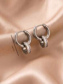1 Pair Minimalist Rhinestone Decor Double Circle Hoop Earrings Stainless Steel 18K Gold Plated For Women Daily Wear Geometric Drop Earrings - Rings - View 5