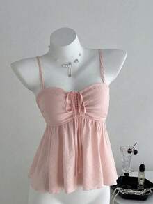 Camiseta de tirantes con volantes de unicolor lindo para damas, ropa de verano para la universidad - Albaricoque - Ver 5