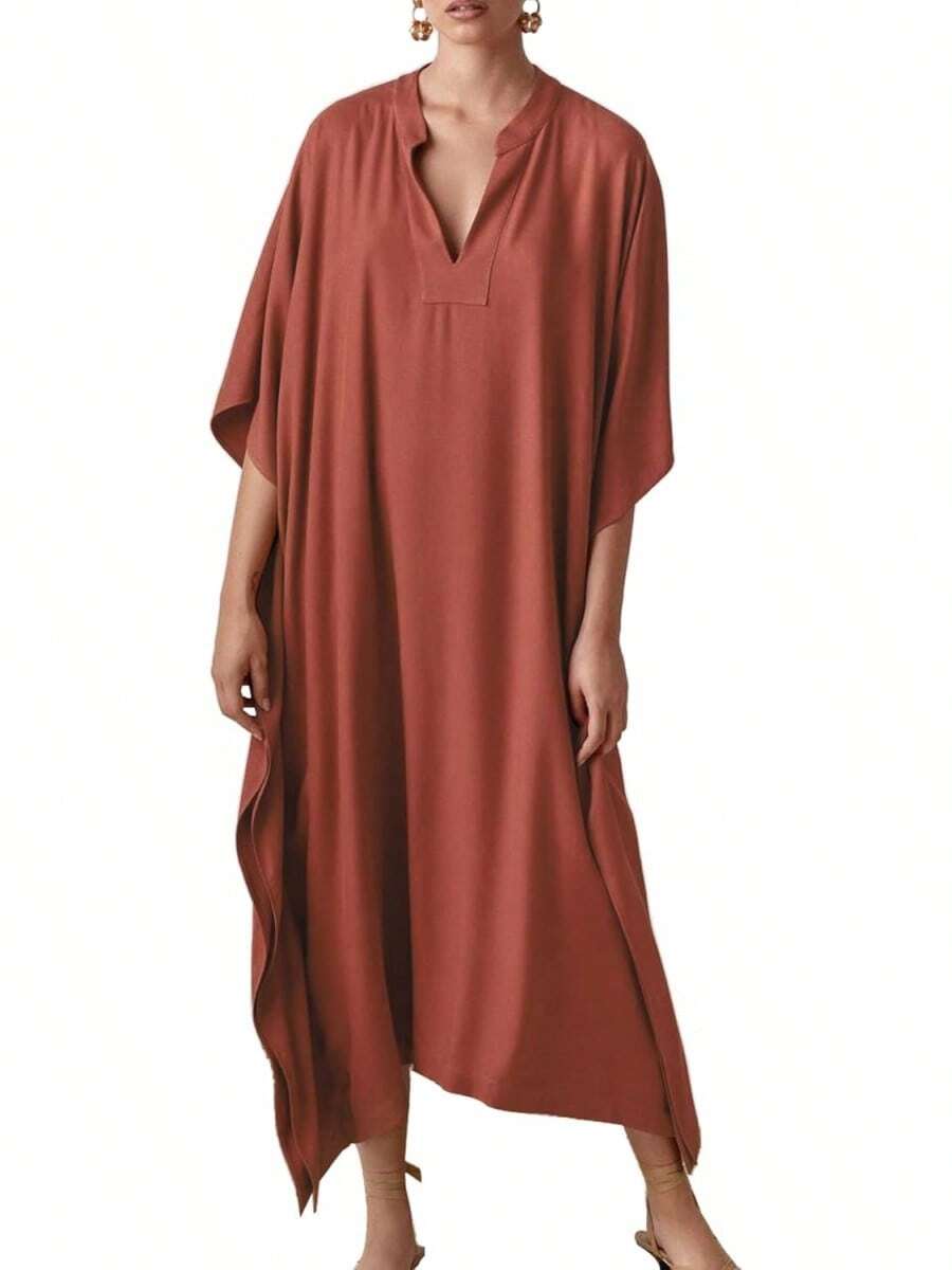 Bsubseach Mujer Vestido de Verano Kaftán para Playa de Seda Cuello en V Manga de Murciélago - Azul pavo real B - Ver 1