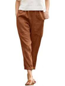 Pantalones Capris Genéricos para Mujer de Algodón y Lino, Pantalones Holgados de Talla Grande para Mujer de Lino y Algodón, Pantalones de Lino para Mujer de Talla Pequeña - Café - Ver 7
