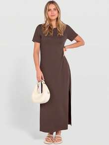 ANRABESS - Vestido largo casual de verano para mujer, manga corta, cuello redondo, dividido, sin arrugas, para viajes, playa, día festivo - Verde bosque - Ver 4