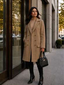 WOMEN'S LONG WOOL PARKA COAT, ELEGANT WITH FRONT BUTTON CLOSURE - 深米色 - 查看 2