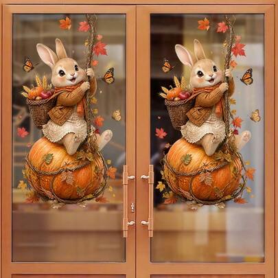 1/4件裝秋季萬聖節與感恩節窗戶靜電貼紙，黑貓戴女巫帽、兔子、狐狸與松鼠搭配豐收南瓜楓葉裝飾設計，適用咖啡店店面與居家裝飾