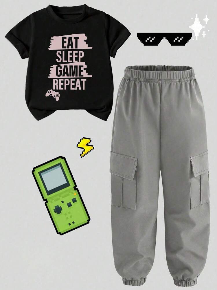 Tween Boy Cartoon Print Short Sleeve T-Shirt And Cargo Pants - Black - View 3