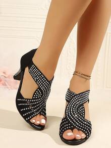 Women's Open Toe Hollow Back Zipper Diamond Decor Non-Slip Sole Sandals Fashion Style Summer Suede Strap High Heel Sandals Suitable For Holidays Daily Commute Evening Party - Black - View 3