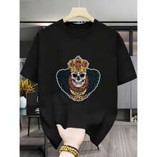 Algodón pesado, hombre, cráneo con corona y alas, camiseta - uso diario, ocio, fiesta - diseño detallado con bordado dorado - Negro - Ver 1