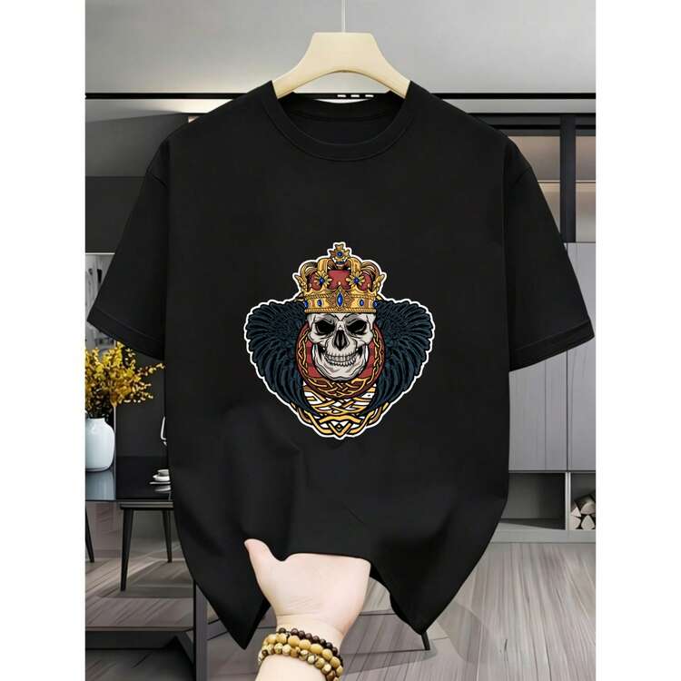 Heavyweight Cotton Men's Skull With Crown And Wings T-Shirt - Everyday Wear, Leisure, Party - Detailed Design With Gold Embroidery - 黑色 - 查看 1