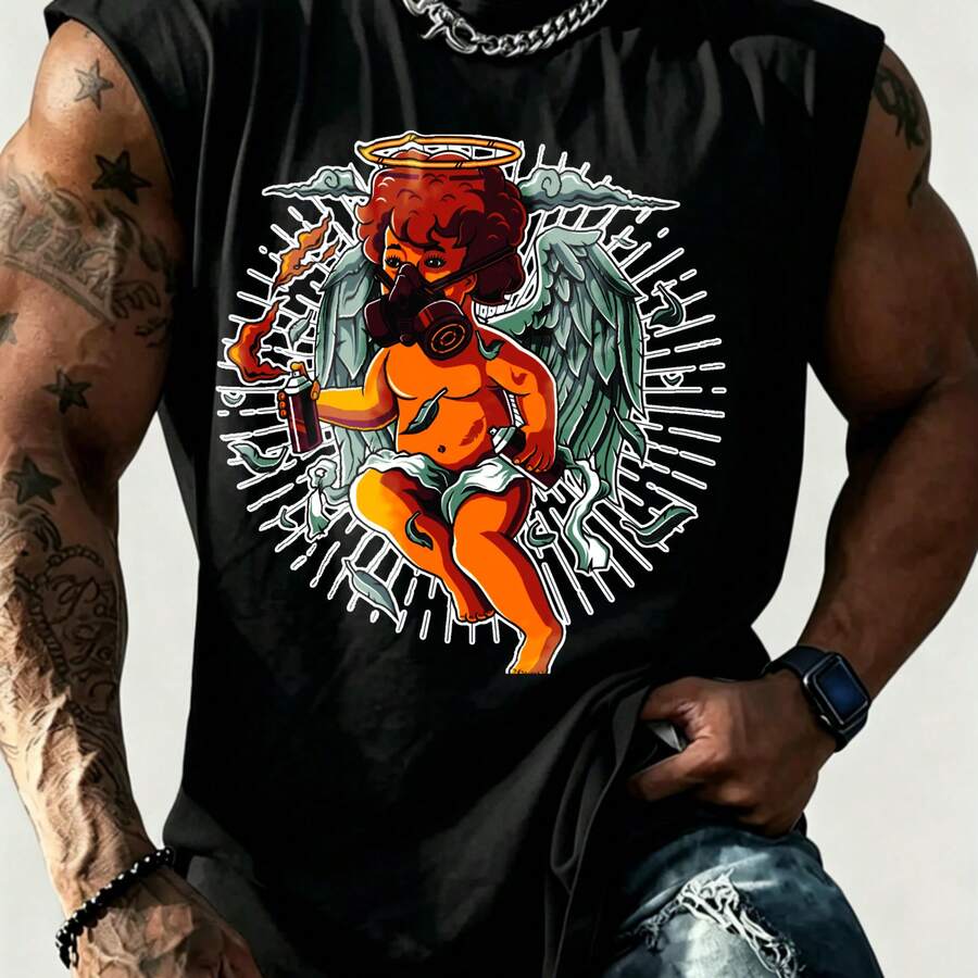 1pc Estilo Rock, Ángel con Máscara de Gas y Alas en Llamas, Camiseta Sin Mangas para Hombre, Diseño Gráfico Detallado y Corte Ajustado, Ideal para Streetwear y Noches Urbanas, Verano/Estilo - Negro - Ver 1