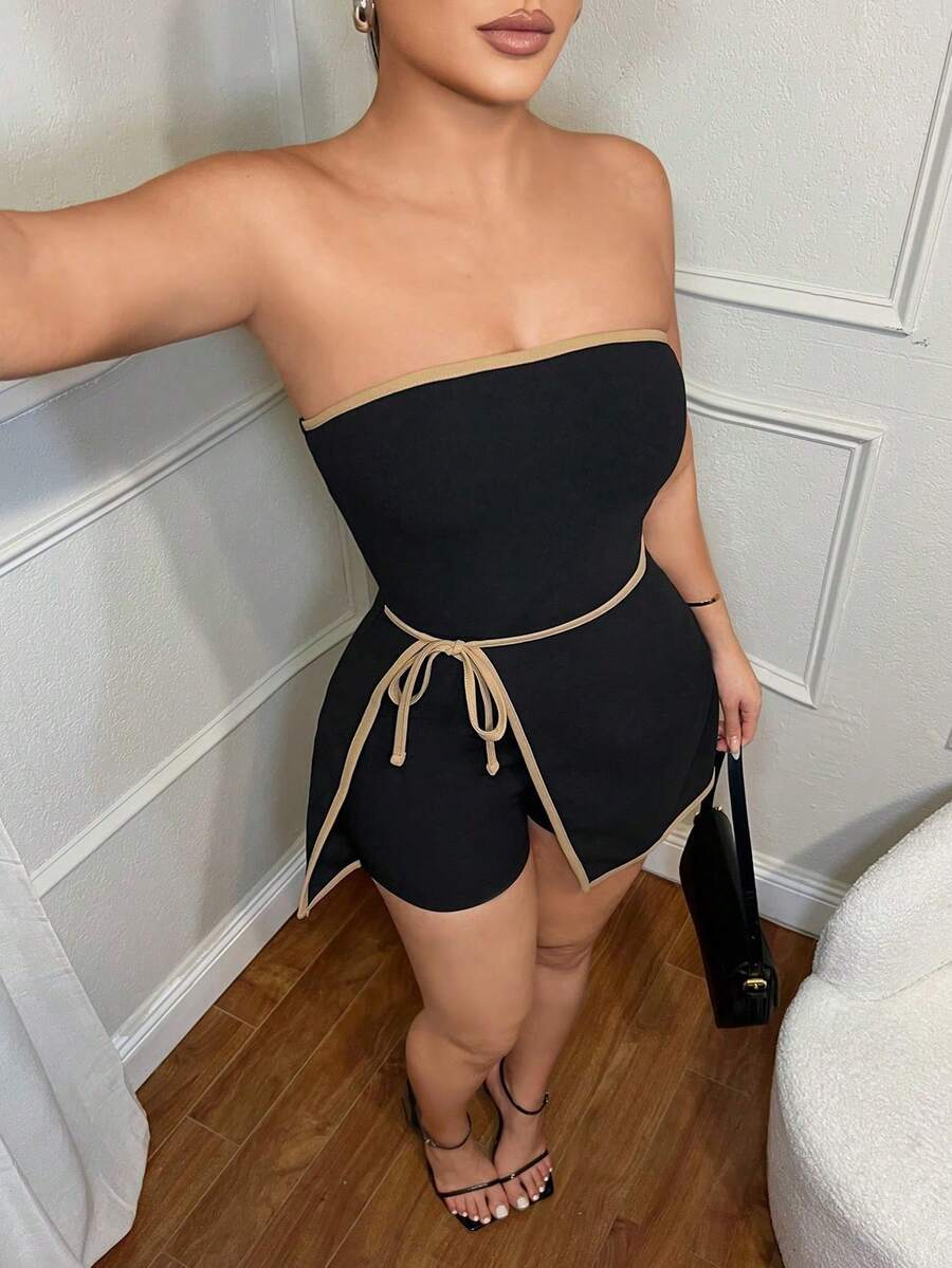 Casual Business Jumpsuit With Color Blocking And Wrap-Around Tie - الأسود - مشاهدة 1