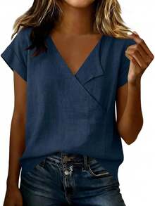 JOAU - Camisetas de algodón y lino para mujer, estilo casual, manga corta, cuello en V, holgadas, ligeras, de gasa - Gris - Ver 14