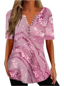 Ceboyel - Camisas Henley con estampado floral para mujer, cuello en V, sexy, casual, de manga corta, blusas elegantes para mujer - Multicolor #2 - Ver 7