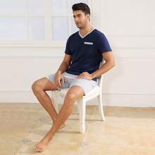 Tefola Pijama para Hombre Conjunto de Pijama de Algodon Pijama Manga Corta y Pantalones Cortos, Cuello en V Ropa de Dormir Hombre, Pijamas de Dos Piezas, Casual y Cómoda - Azul marino - Ver 6