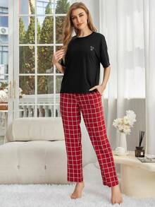 Conjuntos de pijama para mujer con cuello de rosca, top de manga corta y pantalones largos a cuadros, ropa de dormir de 2 piezas para otoño, primavera y invierno. - Negro - Ver 6