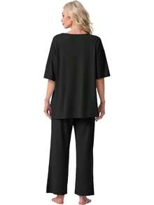 PrinStory - Conjunto de pijama de manga corta para mujer, conjunto de pijama de 2 piezas para mujer, cómodo ropa de descanso con bolsillos - Gloria de la mañana blanca Fp - Ver 6